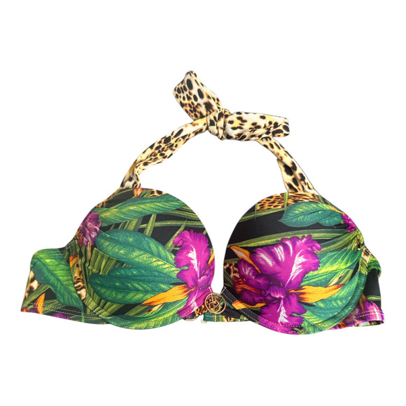 Victoria Secret Swim Top Green Multi Leopard Floral Print Push Up Bra Women 36B - Picture 1 of 4